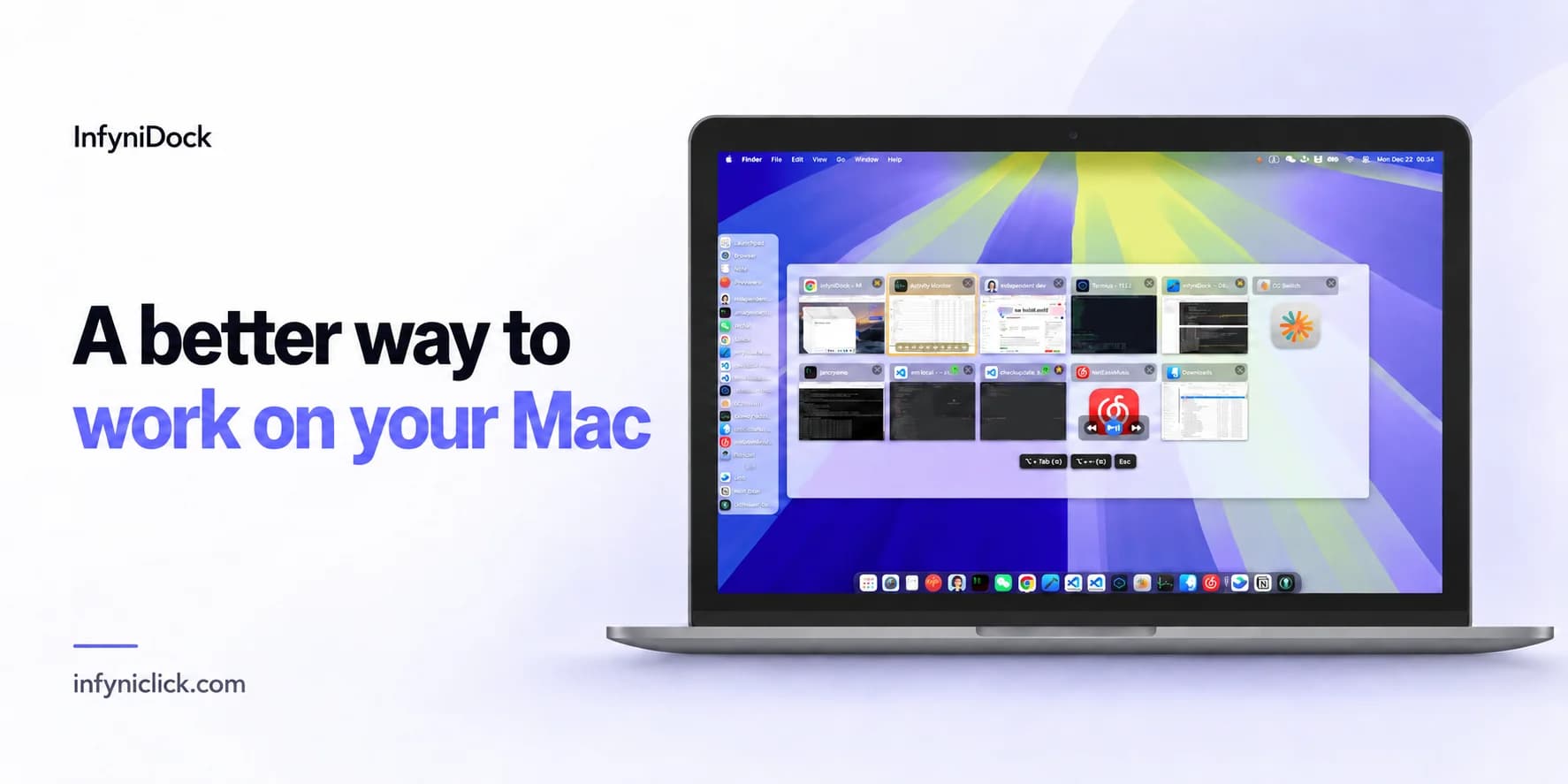 InfyniDock article cover: A better way to work on your Mac, beside a laptop displaying the visual window switcher
