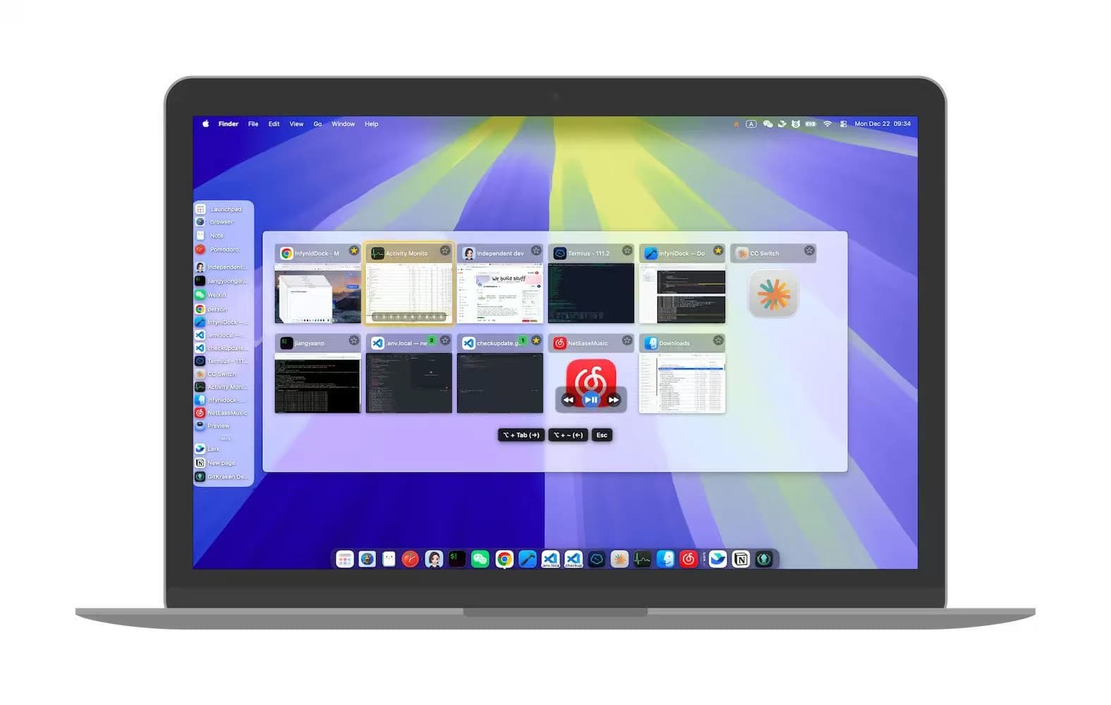 InfyniDock 窗口选择器展示多个 Terminal 与 VS Code 窗口