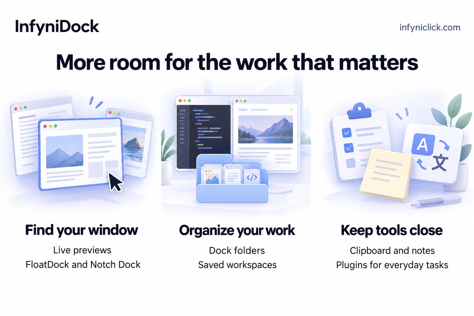 Conceptual illustration of finding windows, organizing work, and keeping useful tools close