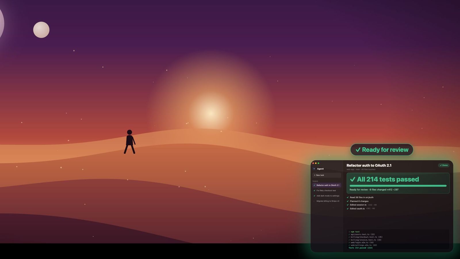 A mini window showing a finished coding task, floating over a full-screen movie