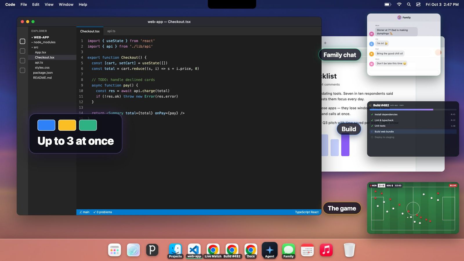 Three mini windows at once: a CI build, a live football match, and a family chat